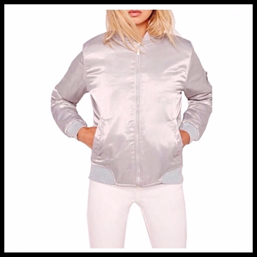 SILVER SATIN MOTO BOMBER VARSITY JACKET - Picture 7 of 8